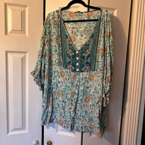 Floral V-Neck Women's Top - Teal and Brown